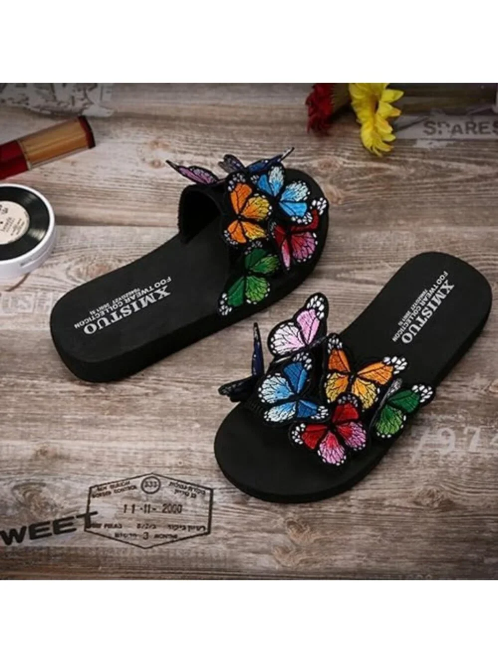 Comfy Summer Flat Slide Sandals for Women - Butterfly Platform, Low Heel